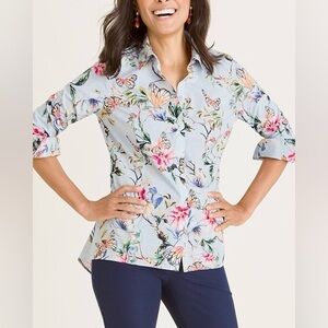 Chico’s Blue No-iron Butterfly Button Front Shirt, Size XL